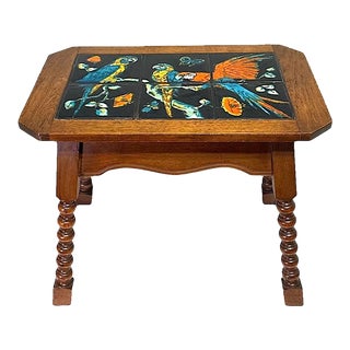 Antique Spanish Mission California Ceramic Tile Top Occasional / Drinks Table With Colourful Parrots For Sale