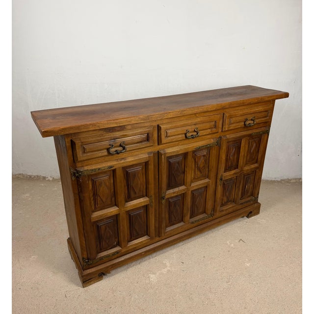 1930s Spanish Rustic Walnut Sideboard with Three Drawers For Sale - Image 6 of 10