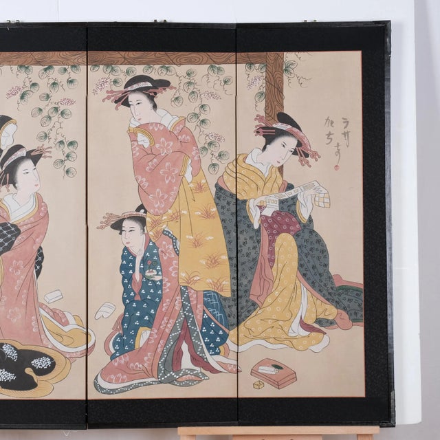 1980s Japanese Byobu 4-Panel Folding Screen Geishas For Sale In San Diego - Image 6 of 11