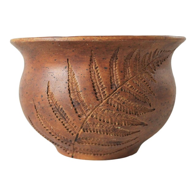 Mid-Century Pottery Planter With Double Sided Incised Fern Leaf For Sale