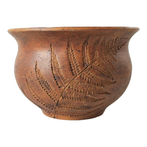 Mid-Century Pottery Planter With Double Sided Incised Fern Leaf