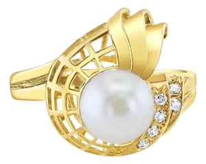 Seashell Shaped Diamond Pearl Ring 14k Yellow Gold, Size 8