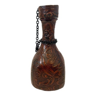 Mid 20th Century Embossed Tooled Leather Bottle Decanter Matador and Bull Spanish With Cork Made in Spain For Sale