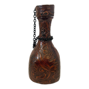 Mid 20th Century Embossed Tooled Leather Bottle Decanter Matador and Bull Spanish With Cork Made in Spain