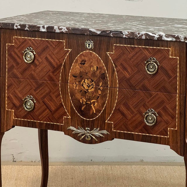 Antique French Louis XVI Style Marquetry Marble Top Commode For Sale - Image 9 of 18