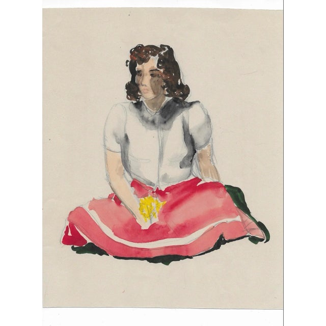 1930s unsigned watercolor on paper of a lady in a skirt holding yellow flowers. Combines shipping available, please inquire.