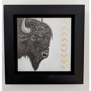 Bison by Tammy Liu-Haller | Graphite on Clayboard, Gold Leaf, Acrylic Portrait of a bison head For Sale