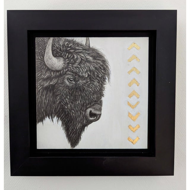 Bison by Tammy Liu-Haller | Graphite on Clayboard, Gold Leaf, Acrylic Portrait of a bison head For Sale