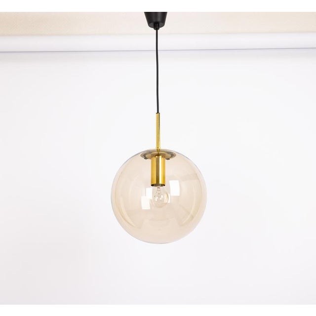 Large Vintage Brass with Smoked Glass Ball Pendant Light from Limburg, Germany, 1970s For Sale - Image 3 of 9