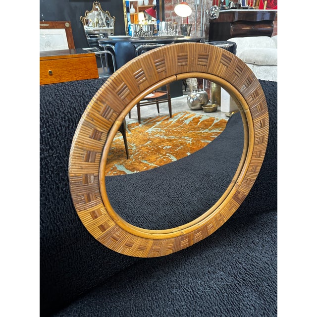 Mid-Century Modern Vintage Round Bamboo Mirror Italy 1980s For Sale - Image 3 of 7