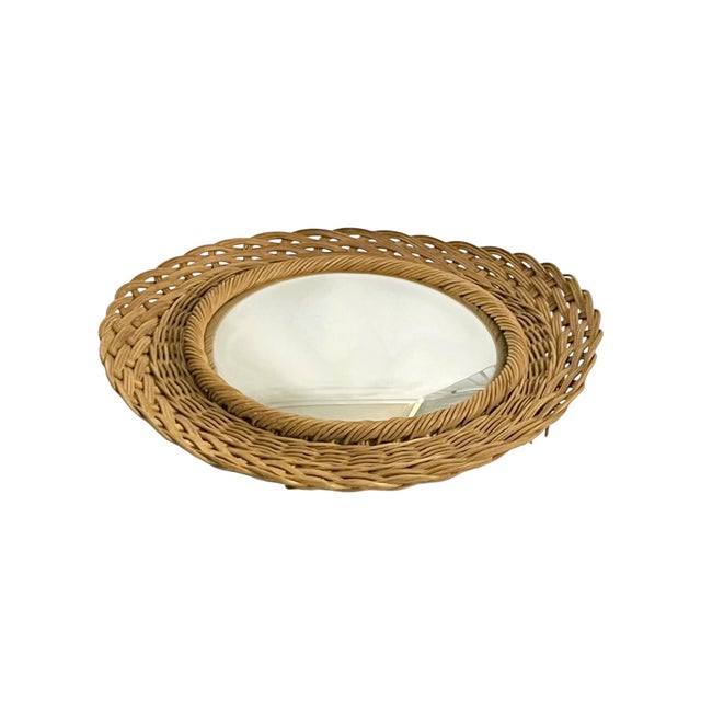 French Provincial Vintage French Wave Edge Wicker Sunburst Convex Mirror, Mid-Century For Sale - Image 3 of 9