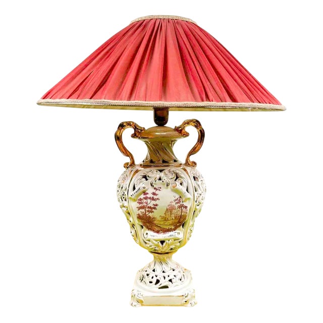 Vintage Perforated Ceramic Lamp with Fabric Lampshade For Sale