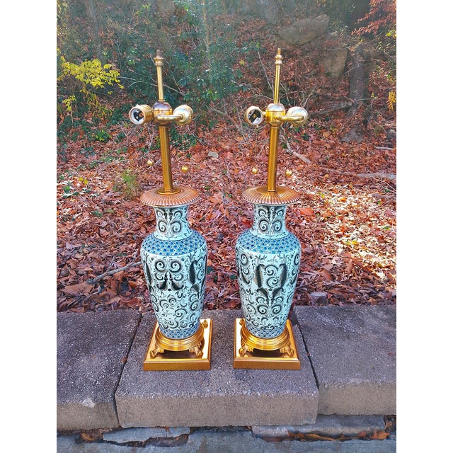 Cream Late 20th Century Pair of Frederick Cooper Floral Lamps With Brass Bases For Sale - Image 8 of 9