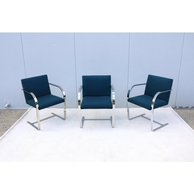 Ludwig Mies Van Der Rohe Brno Flat Bar Chairs in Blue Fabric by Gordon, Set of 3 For Sale - Image 9 of 18