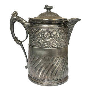 Antique Meriden Silver-Plated Insulated Pitcher 12" – Quadruple Plate 1868 Ceramic Lined Victorian Carafe With Floral Details For Sale