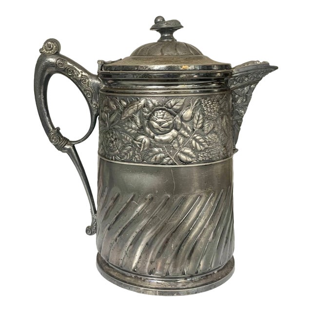 Antique Meriden Silver-Plated Insulated Pitcher 12" – Quadruple Plate 1868 Ceramic Lined Victorian Carafe With Floral Details For Sale