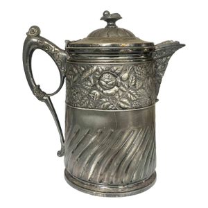 Antique Meriden Silver-Plated Insulated Pitcher 12" – Quadruple Plate 1868 Ceramic Lined Victorian Carafe With Floral Details