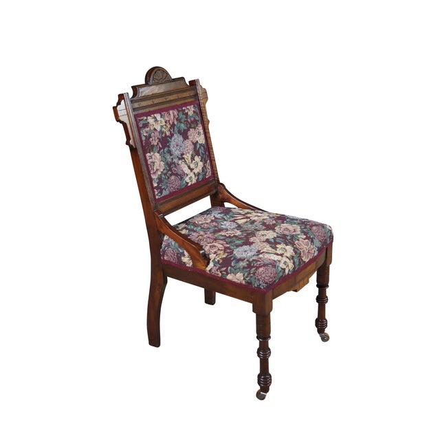 Victorian Antique Victorian Eastlake Walnut Burl Carved Parlor Chair Tapestry Fabric For Sale - Image 3 of 18