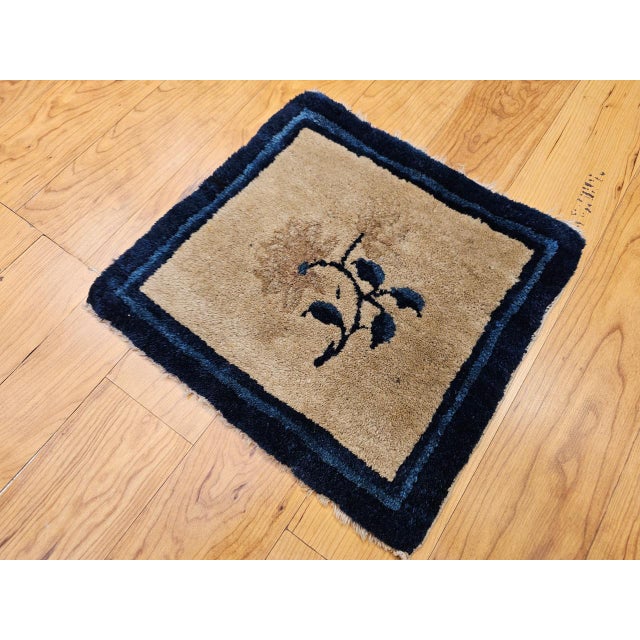 Textile Vintage Chinese Art Deco Square Rug, Hand-Knotted Wool, Floral Pattern, Ivory & Blue, 14"x14" For Sale - Image 7 of 8
