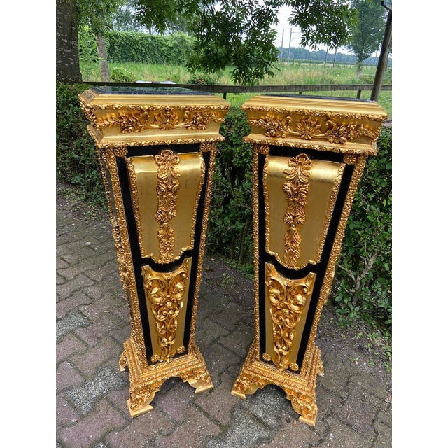 Wood 1980 French Louis XVI Gold Black Beech Marble Pedestals Pair For Sale - Image 7 of 16