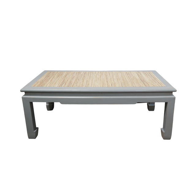 Asian Vintage Ming-Style Grey Painted Coffee Table With Raffia Tabletop For Sale - Image 3 of 11