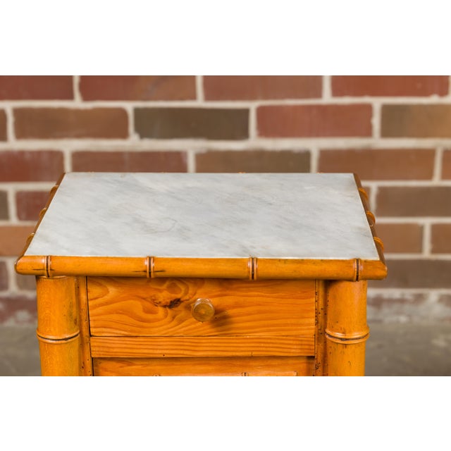 French 19th Century Pine Faux Bamboo Side Table with Marble Top, Door and Drawer For Sale - Image 11 of 12