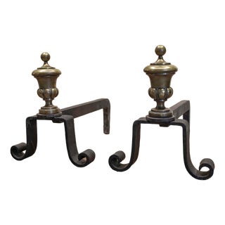 Wrought Iron Andirons with Brass Urns, France, 1920s, Set of 2 For Sale