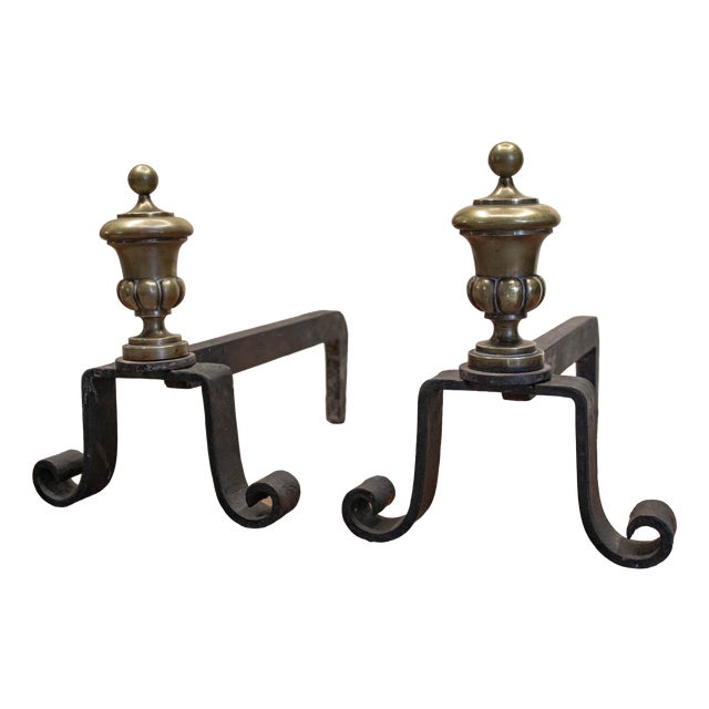 Wrought Iron Andirons with Brass Urns, France, 1920s, Set of 2 For Sale