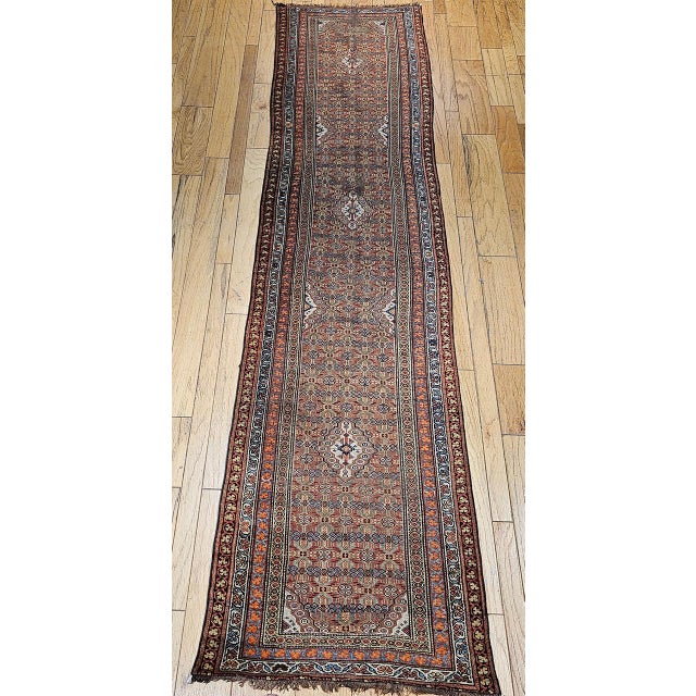 Antique Persian Serab Camel Hair Runner Rug, Hand-Knotted Wool, Geometric Pattern, Red & Green, 3x13 For Sale - Image 9 of 17
