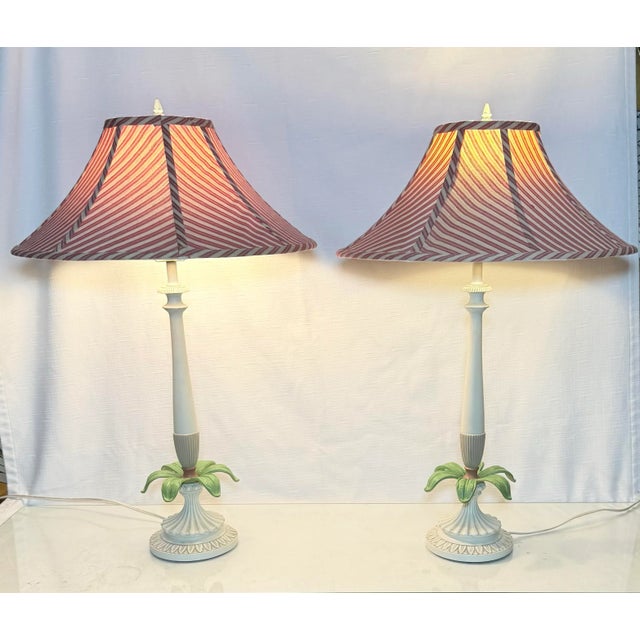 Vintage Palm Beach Regency Palm Tree Table Lamps - Striped Empire Shade – Charming Coastal Decor – A Pair For Sale - Image 9 of 12