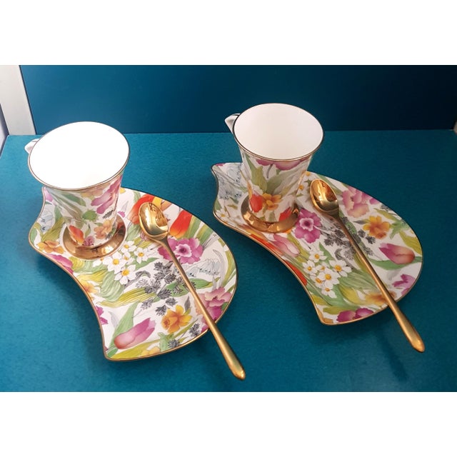 Boho Chic Summertime Coffee and Cake Cup and Plate in Porcelain, Set of 3 For Sale - Image 3 of 4