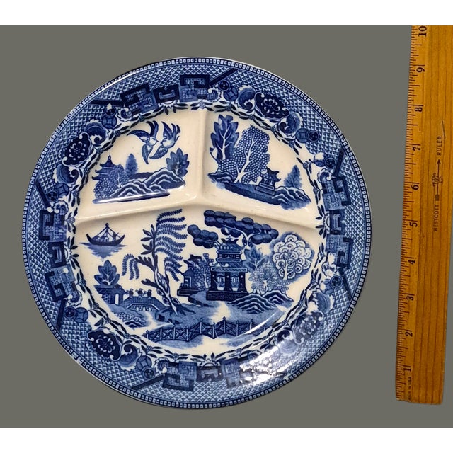 Vintage Japanese Willow Divided Blue & White Plate For Sale - Image 4 of 10