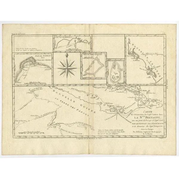 Antique map titled 'Carte des Decouvertes du Capite. Carteret dans La Nlle. Bretagne avec une parte du passage du Capite....