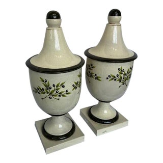 1990s Large Italian Hand-Painted Ceramic Lidded Urns - Olive Flower Design - Pair For Sale