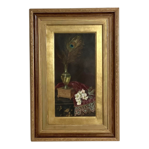 Antique Movement Influences Still Life Painting of Peacock Feathers in Gilt Frame
