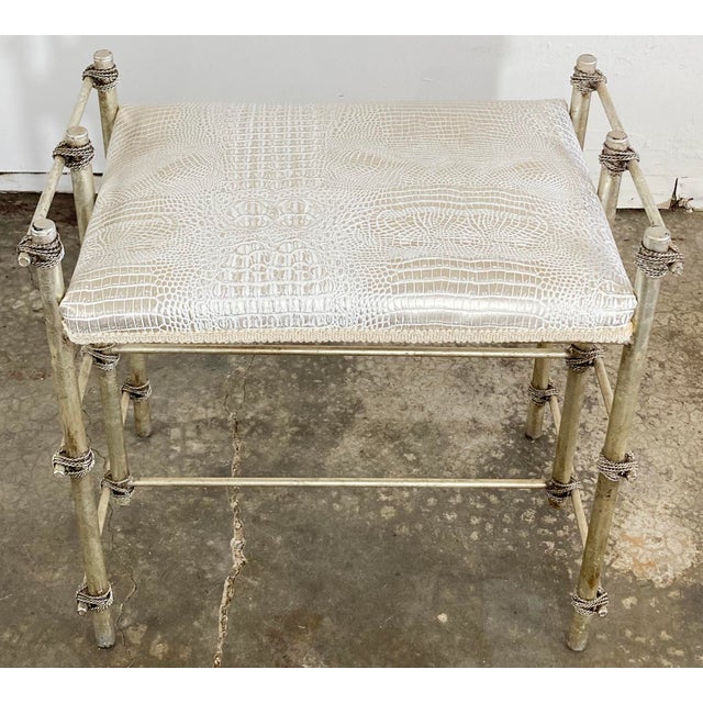 Hollywood Regency Vintage Maitland-Smith Style Vanity Stool With Metallic Croc Print Upholstery For Sale - Image 3 of 11