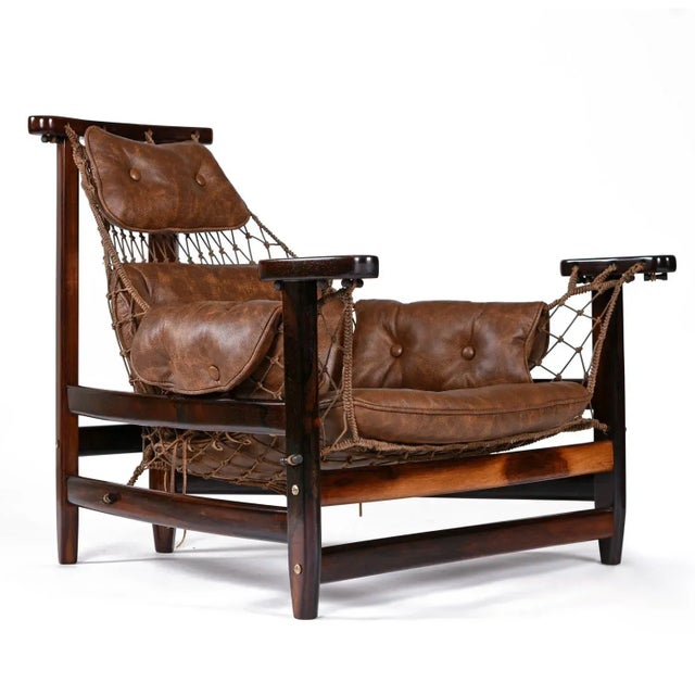 Jean Gillon 1960s Restored Brazilian Jangada Rosewood & Leather Sling Chair With Ottoman by Jean Gillon For Sale - Image 4 of 16