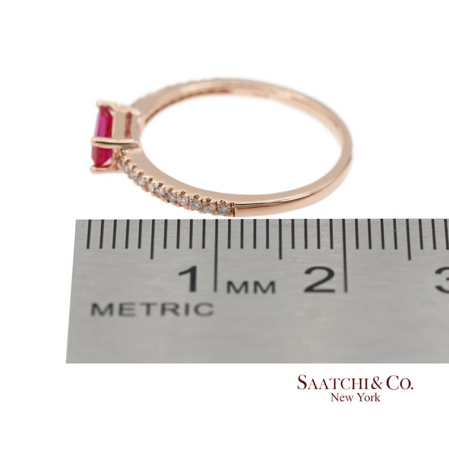 14k 585 Solid Rose Gold Pink Baguette Cut Stone and Natural Diamond Ring, Size 6 For Sale - Image 11 of 12