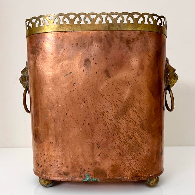 English Antique European Copper Planter With Brass Lion Head Handles & Pierced Gallery, Early 20th C. For Sale - Image 3 of 8