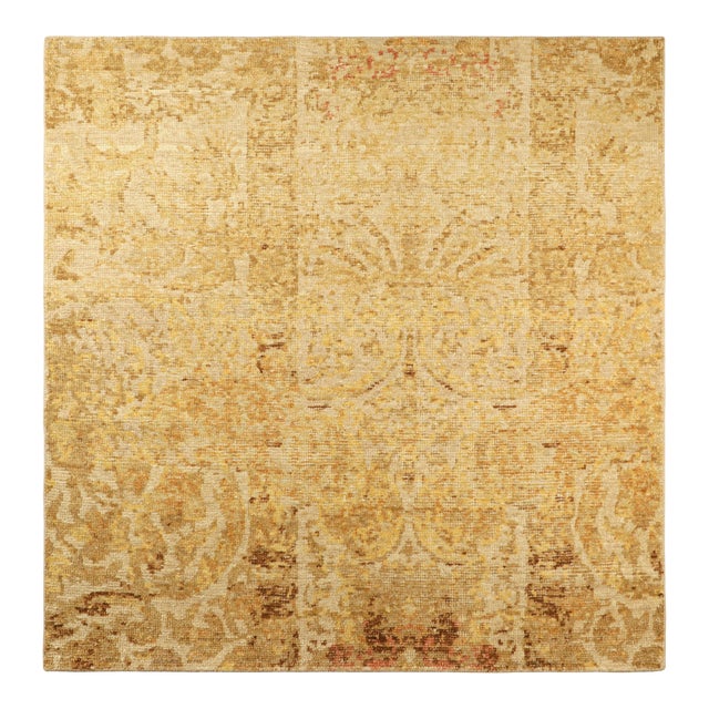 Rug & Kilim’s Distressed European Square Rug in Beige-Brown & Gold Florals For Sale