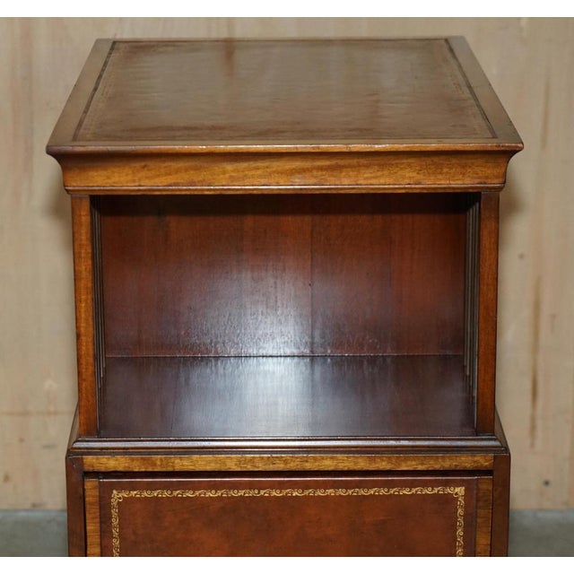 Flamed Hardwood & Brown Leather Sliding Book Tables, Set of 2 For Sale - Image 18 of 18