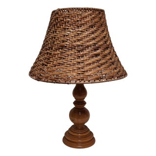 Vintage Table Lamp with Turned Maple Base and Woven Raffia Shade, 1980s For Sale