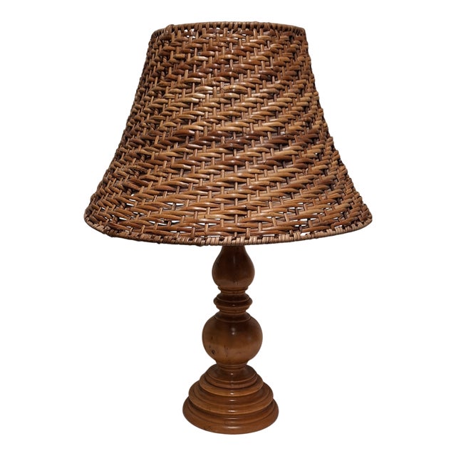 Vintage Table Lamp with Turned Maple Base and Woven Raffia Shade, 1980s For Sale