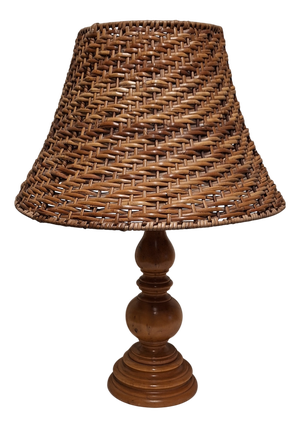 Vintage Table Lamp with Turned Maple Base and Woven Raffia Shade, 1980s