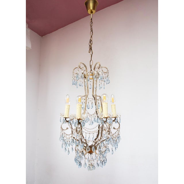 Italian Waterfall Chandelier in Gold-Plated Metal with Blue Crystals, 1960s For Sale - Image 14 of 14