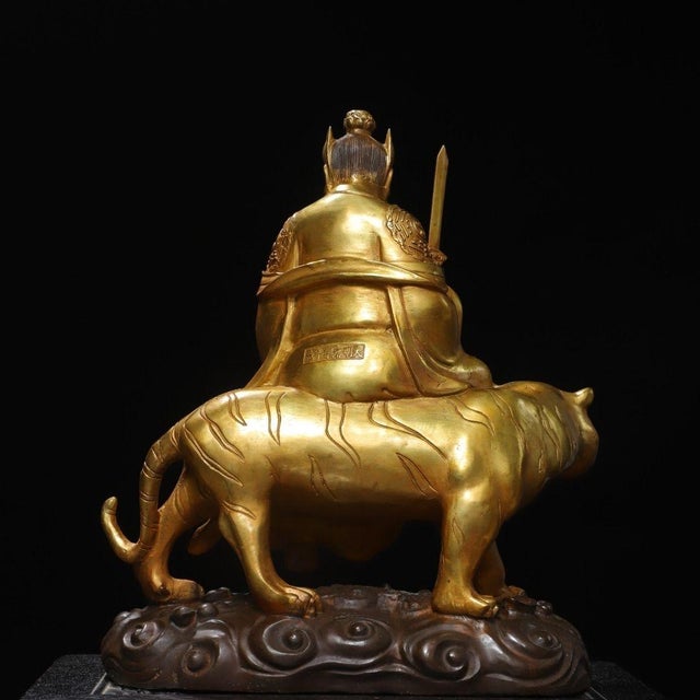 Late 19th Century Gilt Bronze Zhang Tianshi Statue on Tiger, Taoist Deity, 8.76kg For Sale - Image 4 of 9