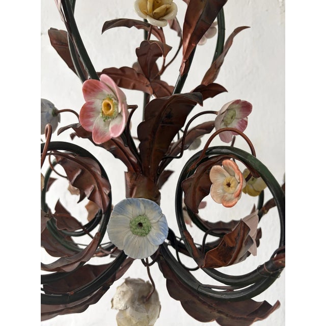 Italian Tole Porcelain Flowers Roses Gilt Metal Big Size C 1900 For Sale - Image 10 of 16