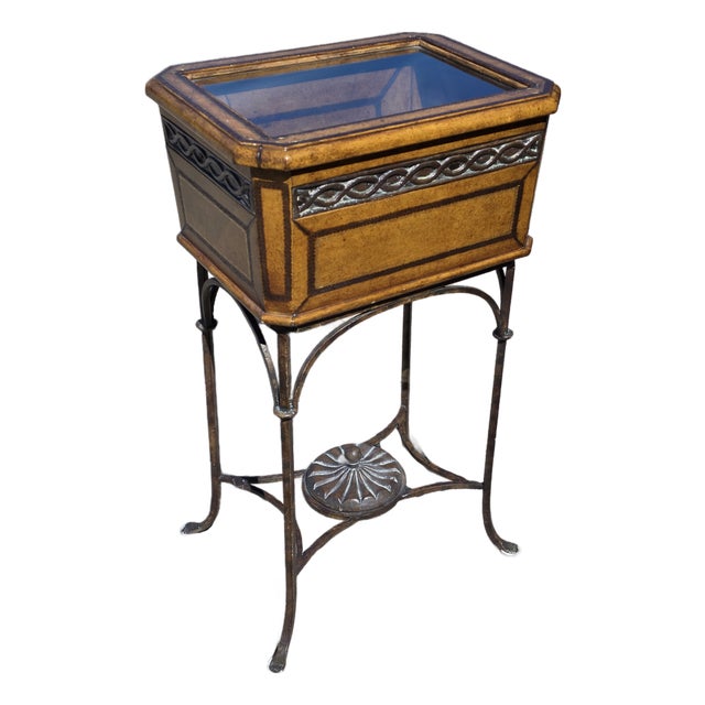 Leather and Glass Display Case End Table With Iron Base For Sale