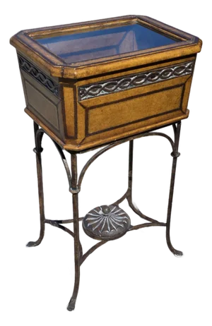 Leather and Glass Display Case End Table With Iron Base