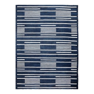 Ariana Grand 11x16 Turkmen Maimana Handwoven Indigo Geometric Kilim | Chairish For Sale